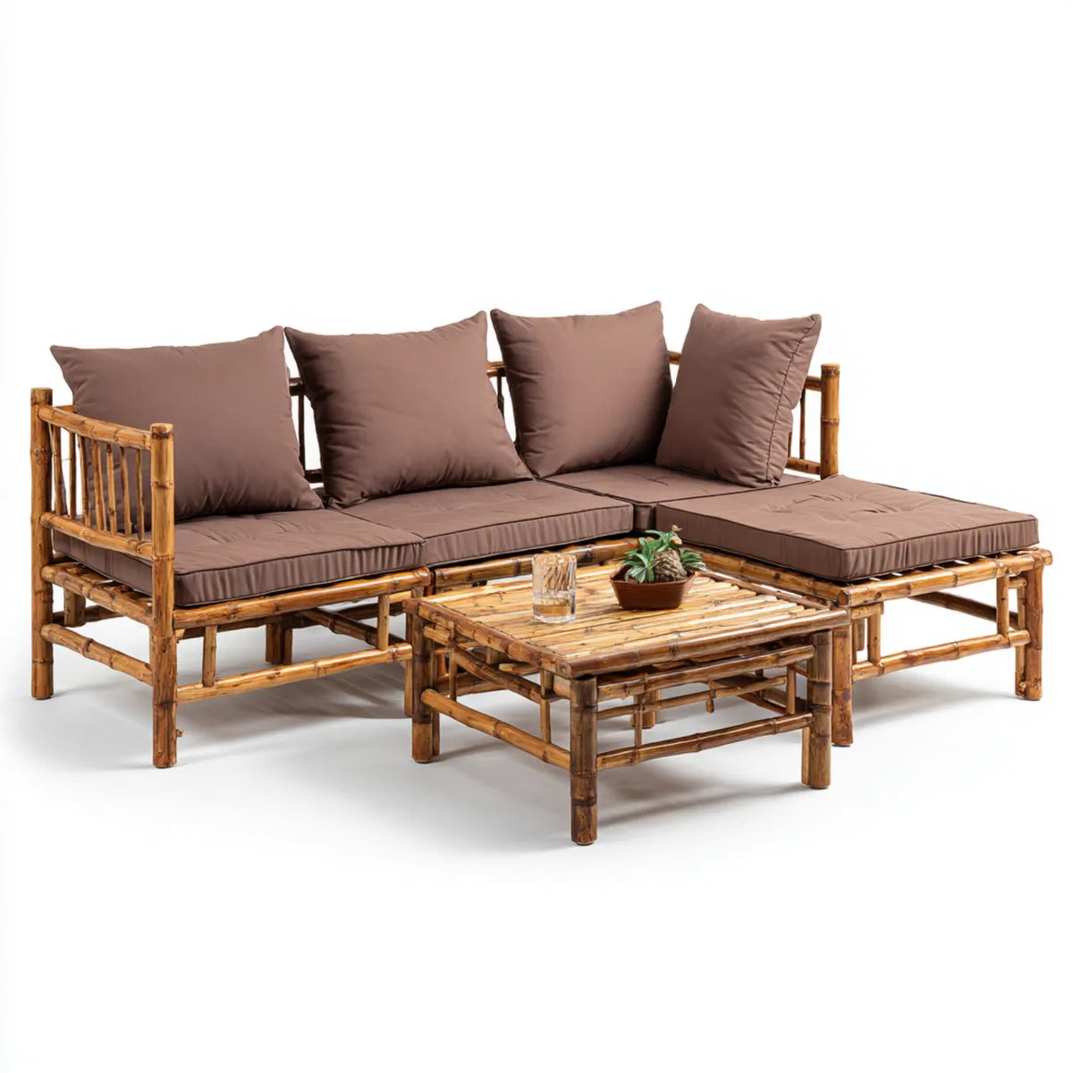 Salon de jardin d'angle 3 pièces en bambou marron avec coussins en polyester 200 x 140 x 65 cm