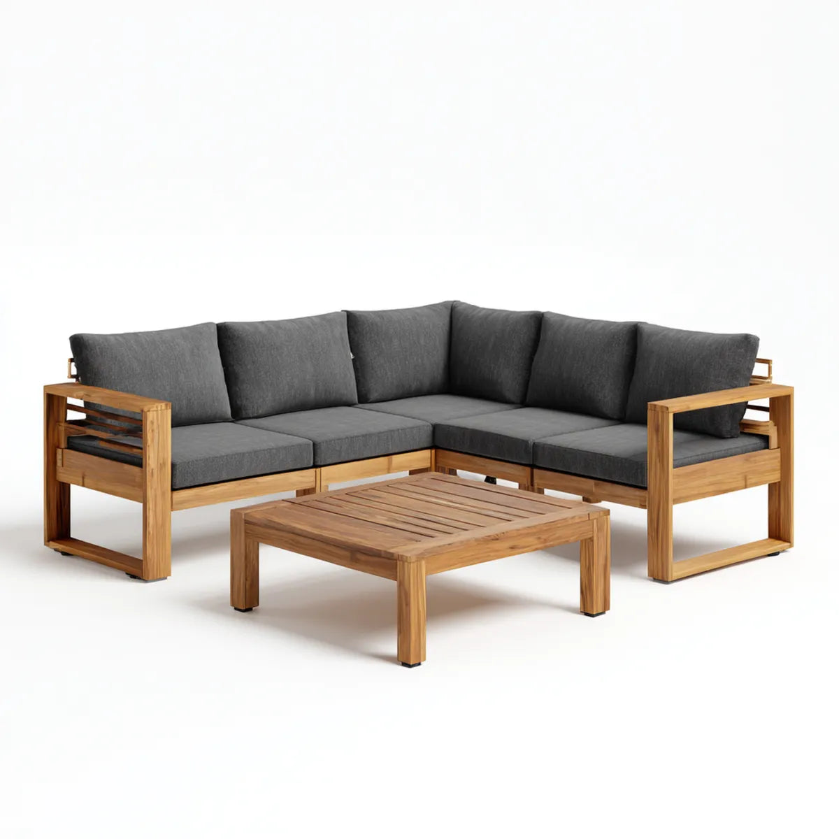 Salon de jardin d'angle 3 pièces en acacia massif brun avec coussins gris 200 x 200 cm