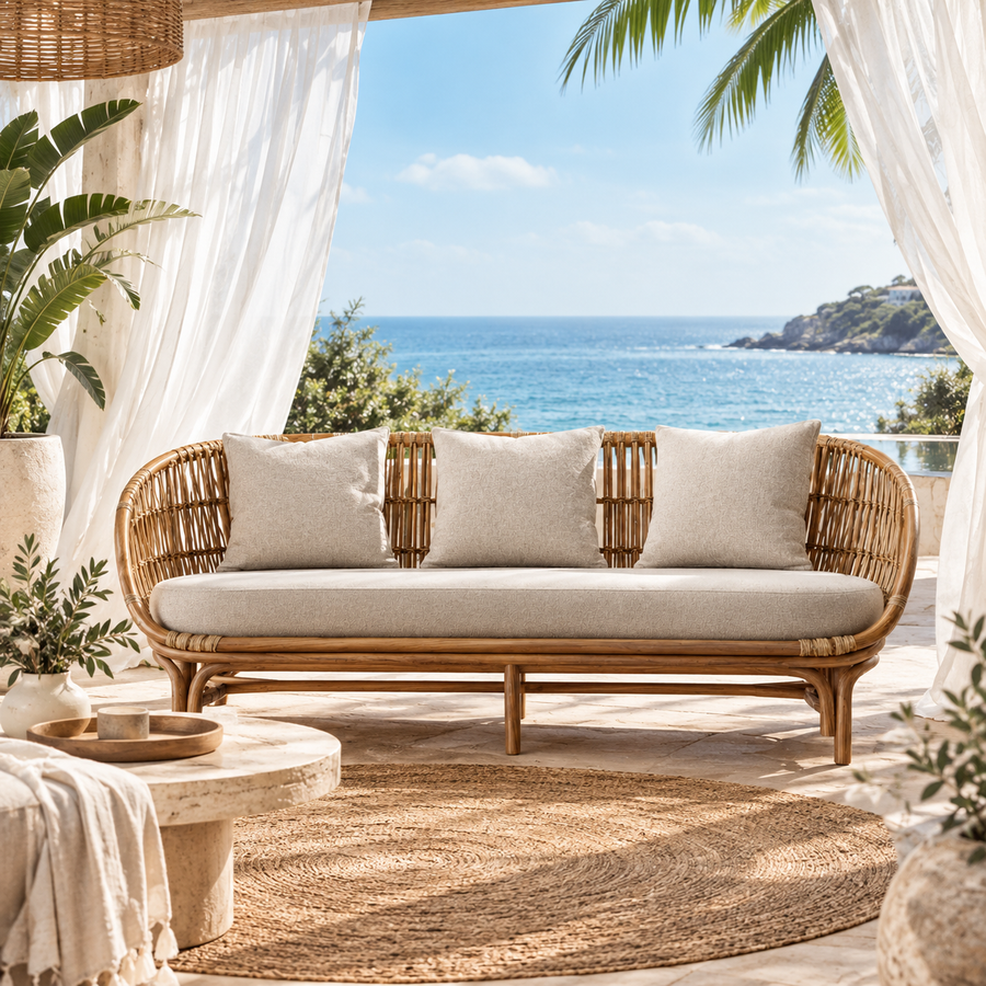 Canapé de jardin 3 places en rotin naturel beige 180 x 75 x 78 cm