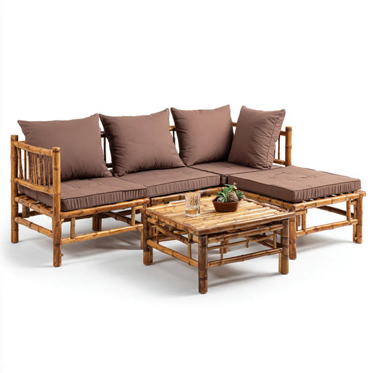 Salon de jardin d'angle 3 pièces en bambou marron avec coussins en polyester 200 x 140 x 65 cm