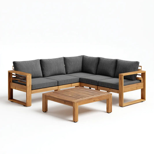 Salon de jardin d'angle 3 pièces en acacia massif brun avec coussins gris 200 x 200 cm