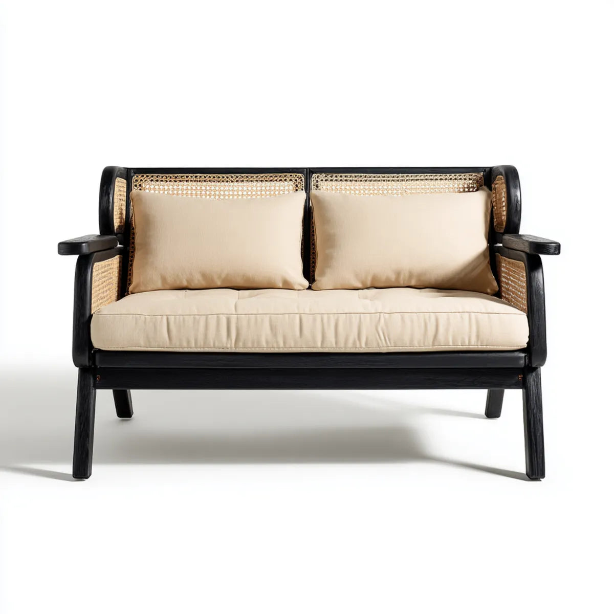Canapé de jardin 2 places noir et beige en bois massif et rotin naturel rectangulaire 130 x 75 x 80 cm