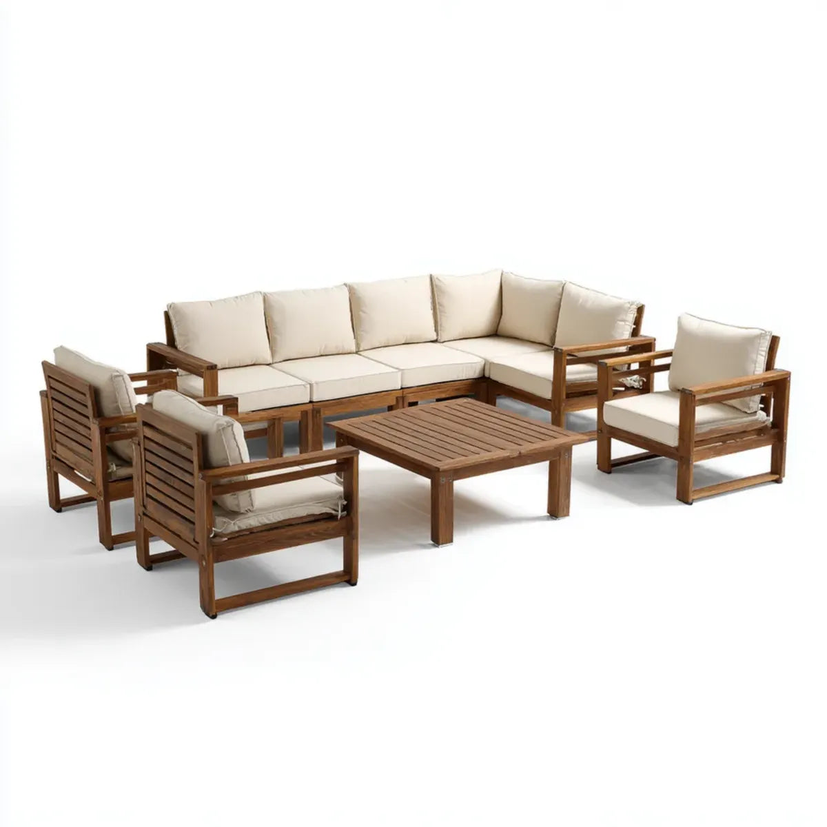 Salon de jardin d'angle 8 places marron et beige en acacia massif avec coussins 250 x 190 cm
