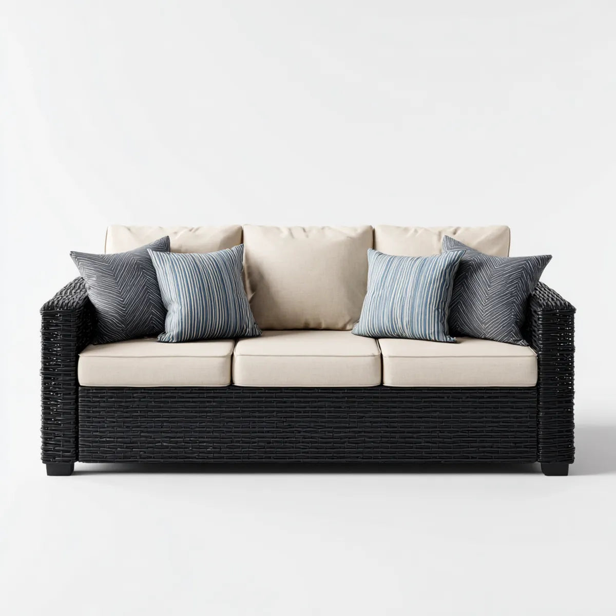 Canapé de jardin 3 places noir et beige en résine tressée PE rectangulaire 200 x 85 x 85 cm