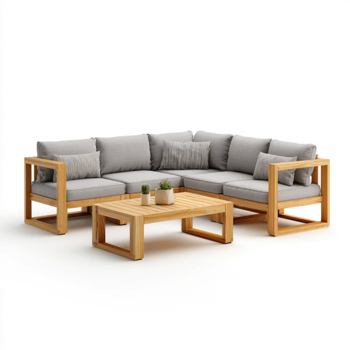 Salon de jardin d'angle 5 places gris en bois massif d'acacia 250 x 250 x 75 cm avec table basse rectangulaire