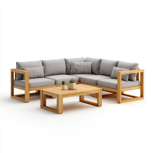 Salon de jardin d'angle 5 places gris en bois massif d'acacia 250 x 250 x 75 cm avec table basse rectangulaire