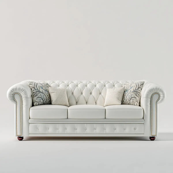 Canapé 3 places Chesterfield blanc en cuir synthétique PU droit 230 x 95 x 85 cm